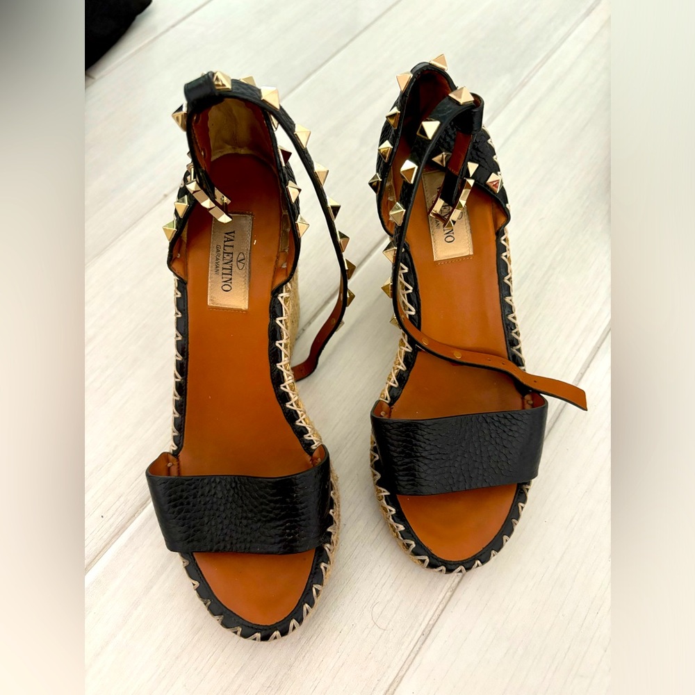 Valentino 4 inch black leather rockstud wedges